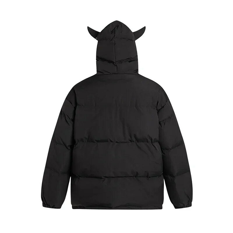남성 몬스터 패턴 파카 트렌드 겨울 재킷, 가방 포함, 악마 뿔, 따뜻한 두꺼운 면 패딩 재킷, 여성 스트리트 아우터
