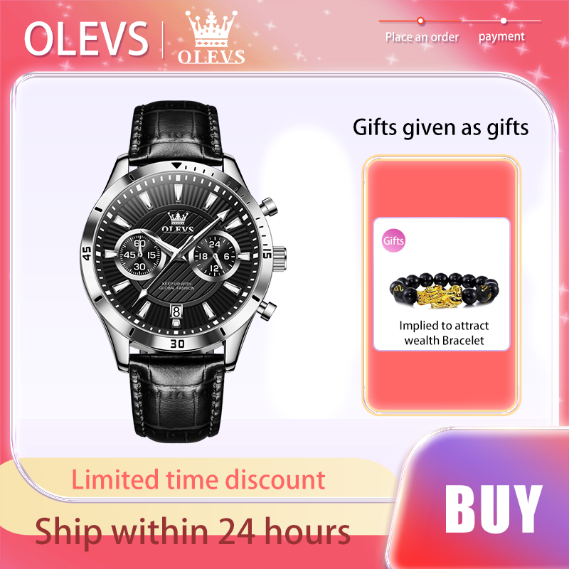 OLEVS-Montre à quartz chronographe étanche pour homme, bracelet en cuir, calendrier, montre Shoous, marque, tendance, original