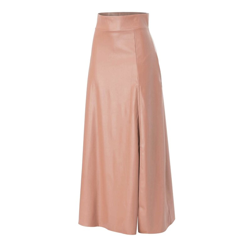Women High Waist Faux Solid Color Leather Skirt High Slit Flared Swing Irregular Elegant And Pretty Women'S Long Skirt Faldas