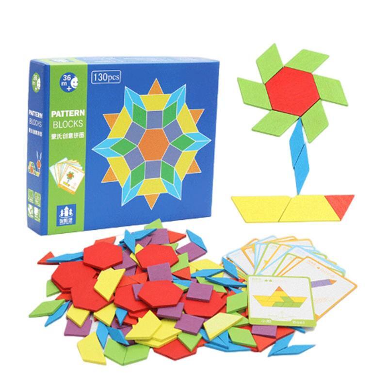 130Pcs Set Wooden Pattern Blocks Geometric Shape Jigsaw Puzzle Baby Educational Montessori Tangram Toys for Kids