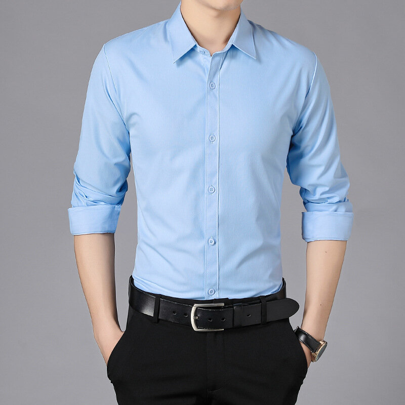 Chemise décontractée à manches longues pour hommes, chemise décontractée, haut à manches courtes, non repassage, mode coréenne, voyage d'affaires, haute qualité