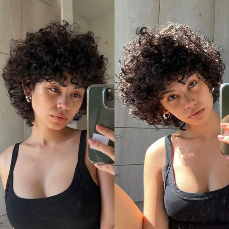 Indian Glueless Short Afro Curly Bob Human Hair Wigs With Bangs For Women Remy Hair Wear To Go Natural Brown Kinky Curly Wigs