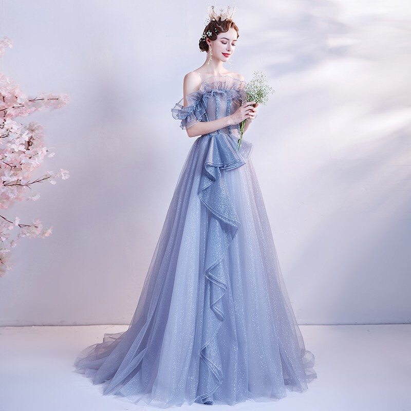 Nowa gradientowa niebieska sukienka gospodarz bankietu coroczne spotkanie sukienka na jedno ramię drewniane ucho w talii długa sukienka dla kobiet