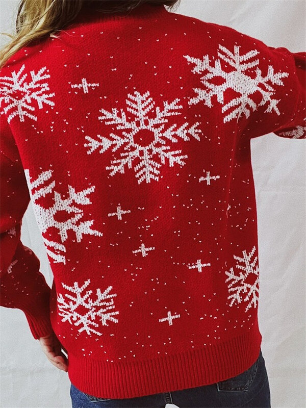 Hirigin sweter natal wanita, baju rajut dasar pullover lengan panjang hangat motif bunga salju kasual untuk musim gugur