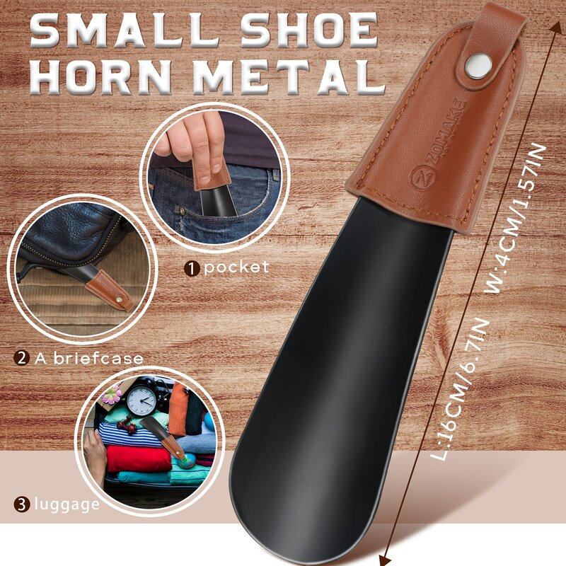 Tanduk sepatu logam ZOMAKE dengan gagang kulit sendok sepatu baja tahan karat tanduk sepatu kecil untuk bepergian