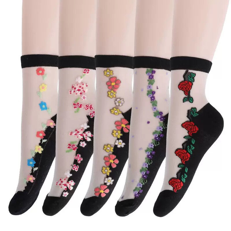 Женские носки с цветочной вышивкой, новинка, летние женские прозрачные кружевные сетчатые носки с цветочным принтом для девушек, Чулочные изделия, марлевые носки для работы