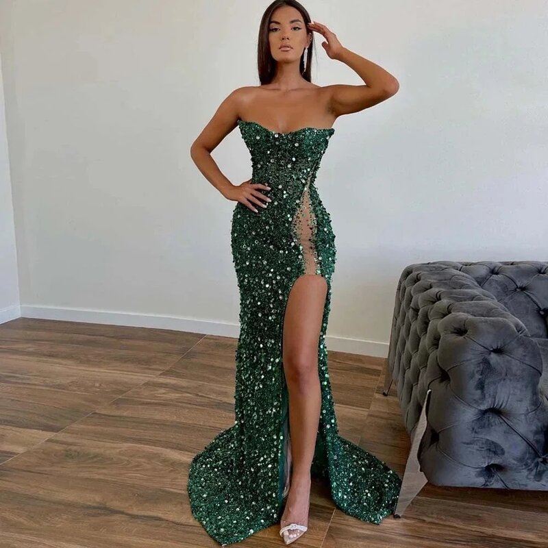 Luxury Prom Dress Sexy Sleeveless Special Evening Dress Strapless Cocktial Dress Mermaid Floor-Length Sequin Women Party Dress