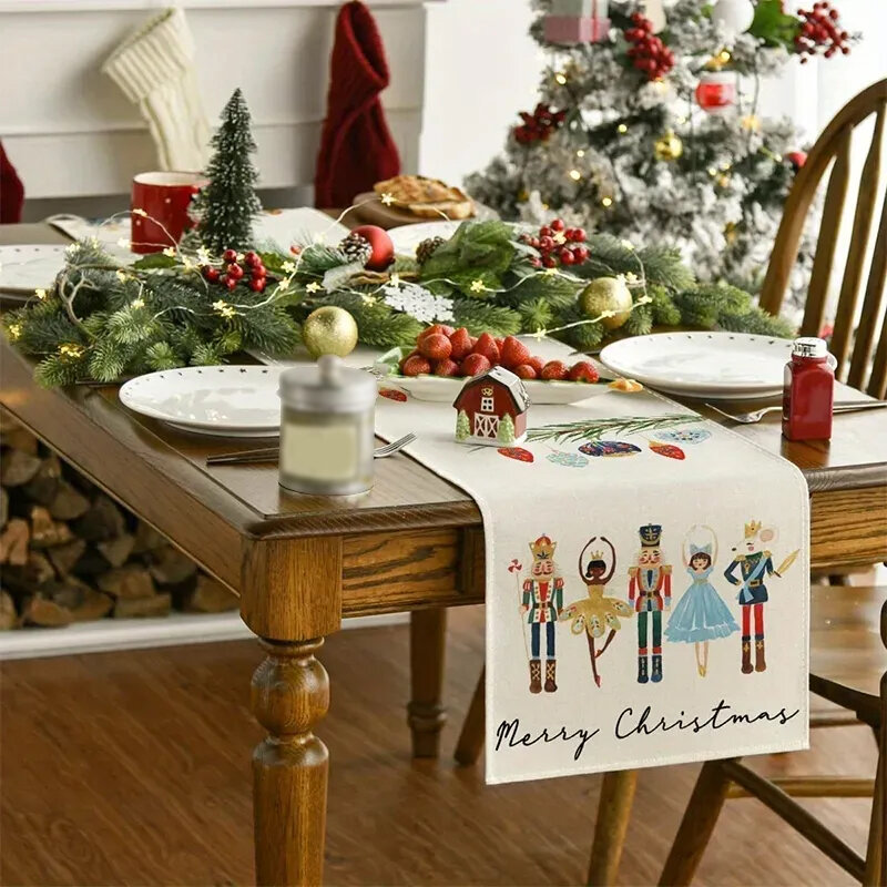 ผ้าปูโต๊ะคริสต์มาสทำจากผ้าลินินผ้าปูโต๊ะ sarung Meja Makan บ้านตุ๊กตาหิมะต้นคริสต์มาสการตกแต่งคริสต์มาส2024
