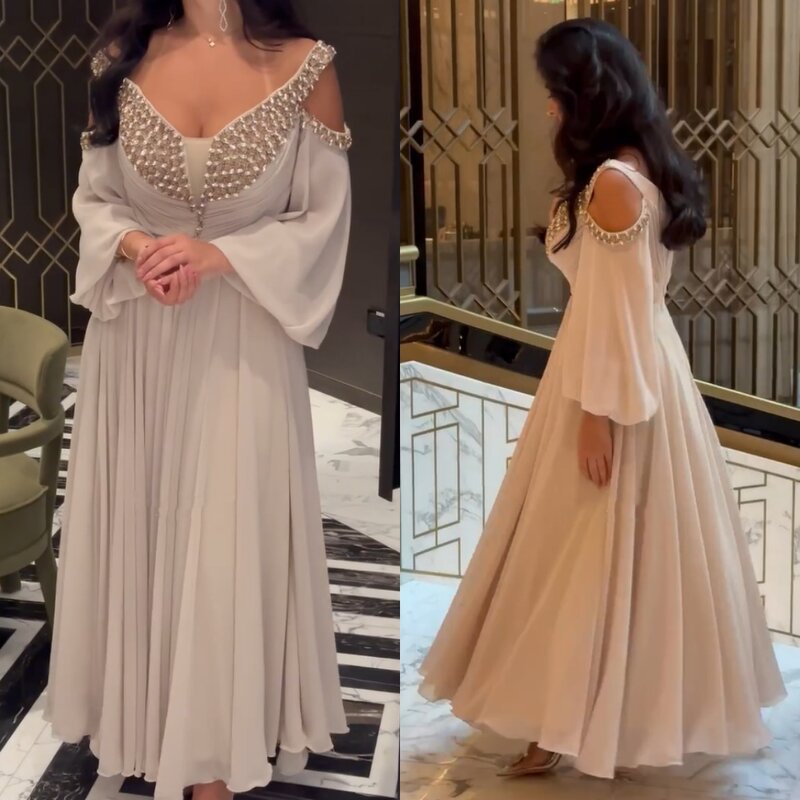 Gaun pesta Formal bahan Satin, gaun malam bermanik-manik, gaun Formal A-line bahu terbuka, gaun acara Midi gaya Arab Saudi