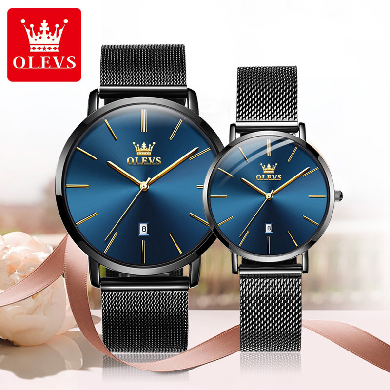 OLEVS zegarki dla par kwarcowe zegarki na rękę Ultra-cienki tarcza wodoodporna stal nierdzewna pasek z siatki modny zegarek dla mężczyzn Reloj Mujer
