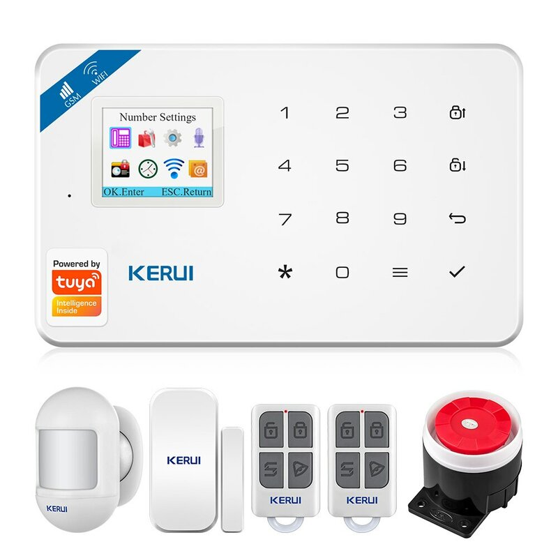 KERUI Tuya sistem Alarm keamanan WIFI GSM cerdas bekerja dengan Alexa detektor gerak pencuri rumah Sensor jendela pintu asap APP