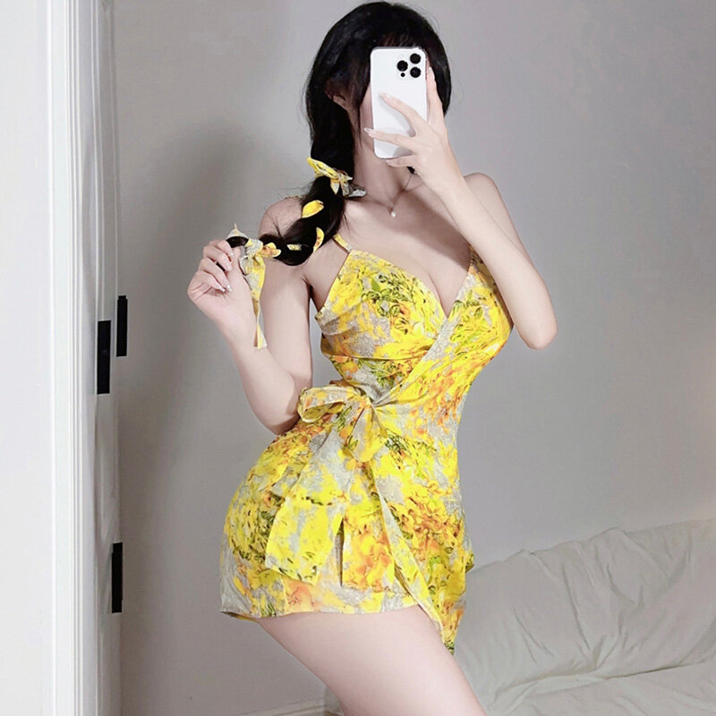 Dichengda Sexy Lingerie Sling Dress Japanese Kawaii Stain Yellow Printing Kimono Women Backless Pajamas Set Robe Nightwear 2023