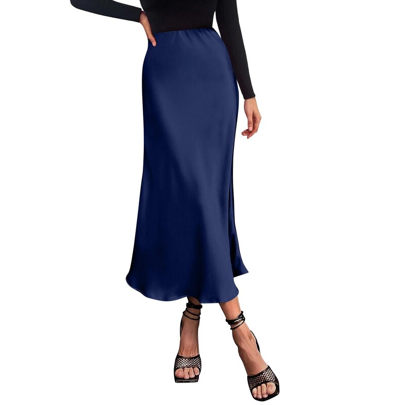 Falda de satén de seda de cintura alta para mujer, Falda Midi Rosa elegante, Falda de tubo de estilo coreano, 2024