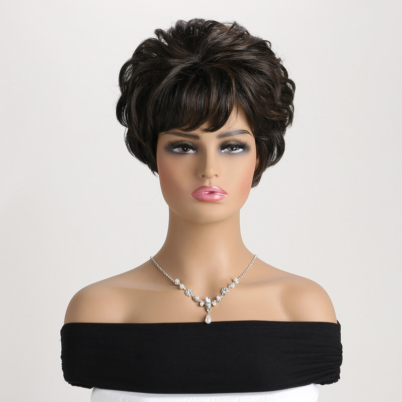 Wig hitam cokelat sintetis pendek Wig keriting potongan Pixie dengan poni untuk rambut palsu tahan panas pesta sehari-hari wanita