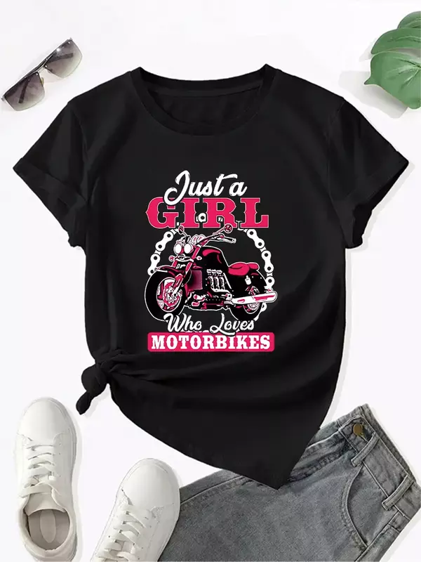 Летняя свободная футболка Y2k с короткими рукавами, футболка с графическим принтом «Just A Girl Who Love Motorbikes», повседневный топ с круглым вырезом, женская одежда