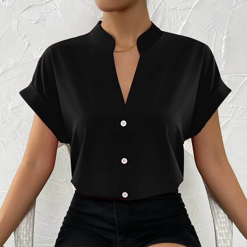 Camisa minimalista con cuello en V para mujer, camisa elegante de satén de manga corta con botonadura única, informal, para oficina, 2024