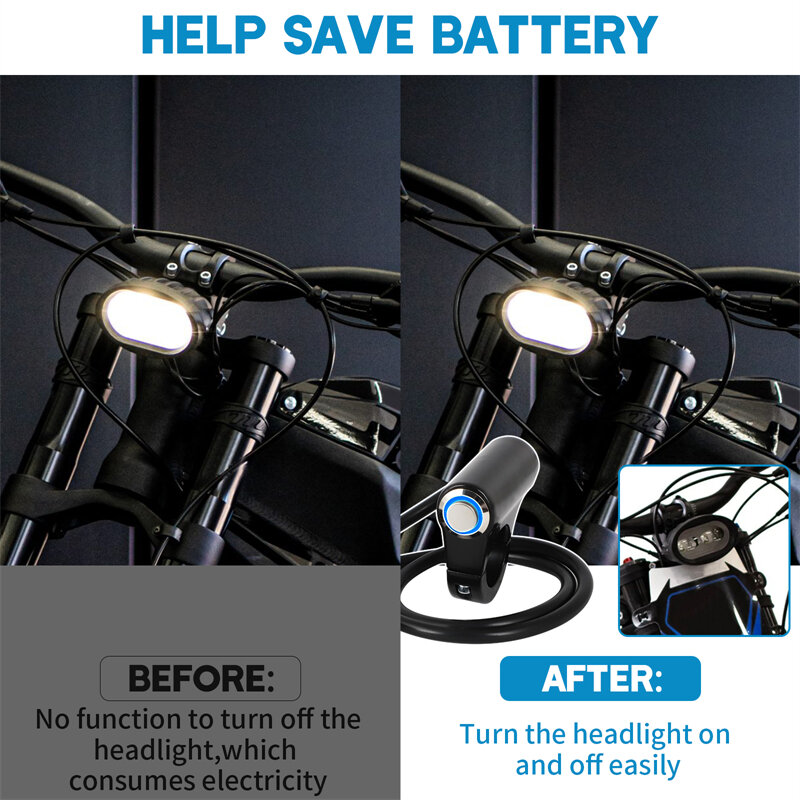 Interruptor de faro de luz LED azul para Talaria Sting R MX4 Plug N Play, luz de cabeza eléctrica para bicicleta de carretera, enchufe de lámpara, ahorro de batería