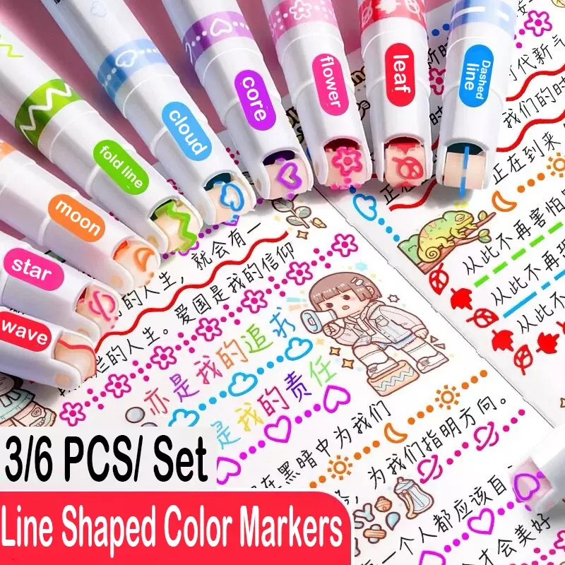 3/6 Stks/set Kawaii Bloemen Lijnvormige Markeerstift Pennen Rolpunt Curve Liner Marker Voor Het Schrijven Van Journaling Tekening Briefpapier