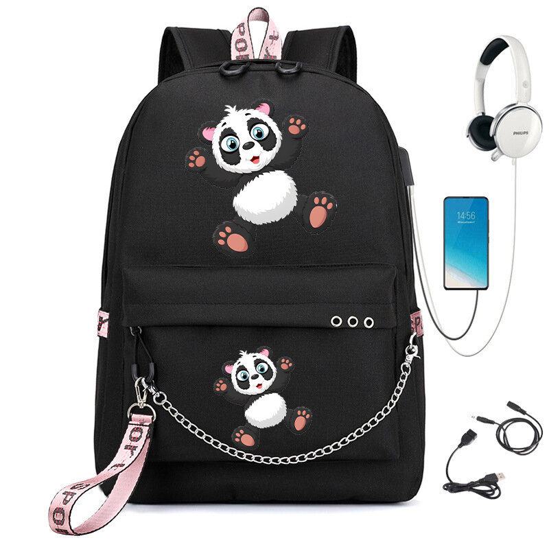 Kawaii tas ransel sekolah Pak belakang Usb, tas sekolah isi ulang Usb, tas ransel Anime Panda, tas sekolah dasar, tas kartun