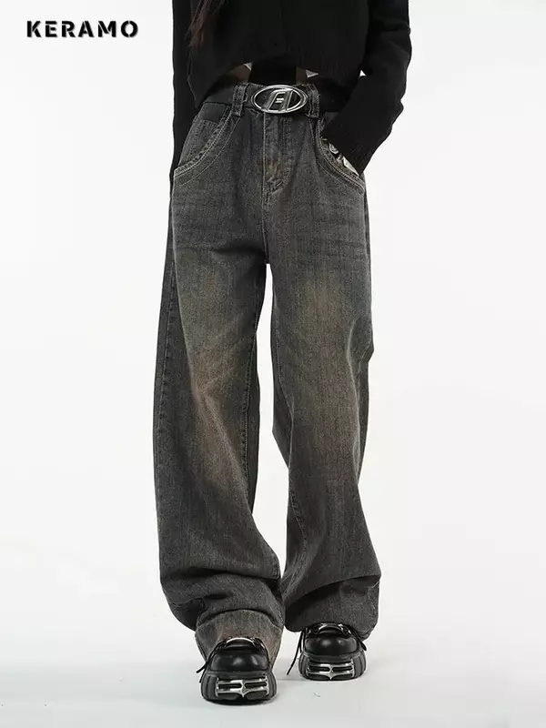 جينز هاراجاو عالي الخصر للنساء ، ملابس الشارع الفضفاضة ، جينز 90s ، بنطال هيب هوب ، مستقيم ، ساق واسعة ، كبير الحجم ، سروال s ، Y2K ، فيل ،