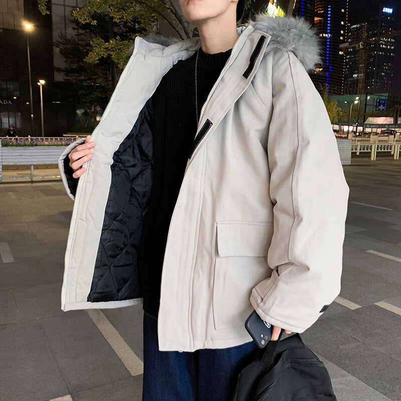 Парка мужская с капюшоном и меховой шапкой, модная утепленная универсальная свободная ветрозащитная куртка в Корейском стиле, с защитой от холода, Повседневная теплая ветровка с карманами