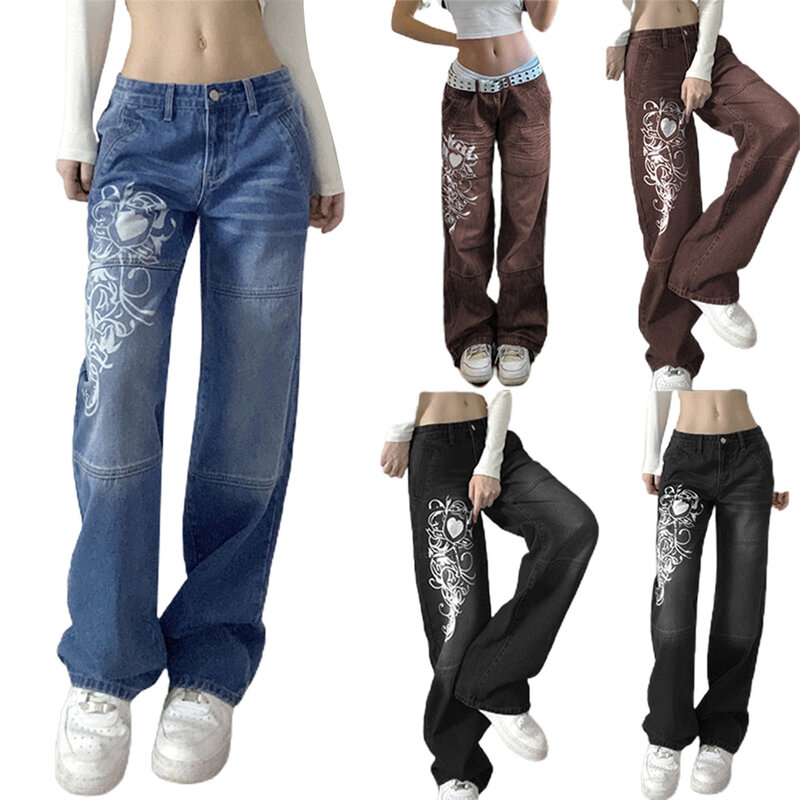 Pantalones vaqueros con estampado Y2k de cintura baja para mujer, Leggings informales holgados y rectos con fondo de campana, ropa de calle, novedad
