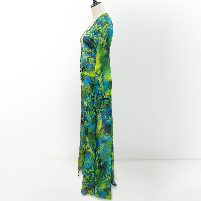 深いVネックの長い緑色のプリントドレス,ビーチやパーティー用のジュエリーボタン付きのエレガントなイブニングドレス