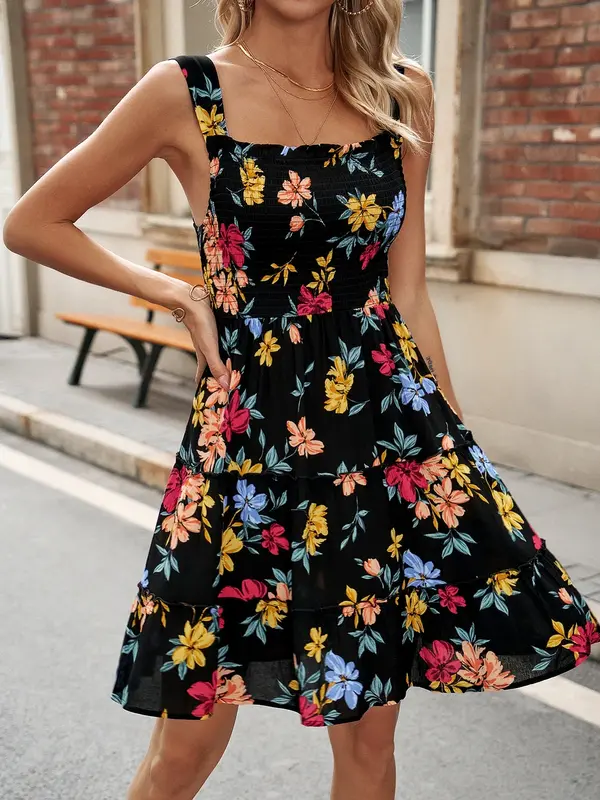 2024 New Summer Off Back Strap Dress for Women's Fragmented Flowers Sexy Short Strap Strap Stranded Beach Dress S-3XL