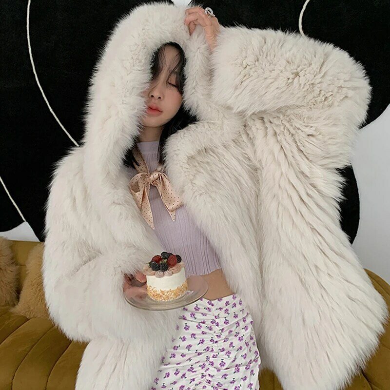 2023 Women Real Fur Coats Winter New Double-sided Weave Fox Fur Short Outerwear High Quality Warm With Fur Hood Jacket Female