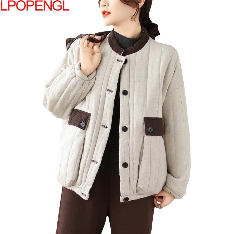 Neue Damen Winter Baumwolle dick halten warm Streetwear Mantel lose literarische Vintage Patchwork lange Ärmel einreihige Jacke