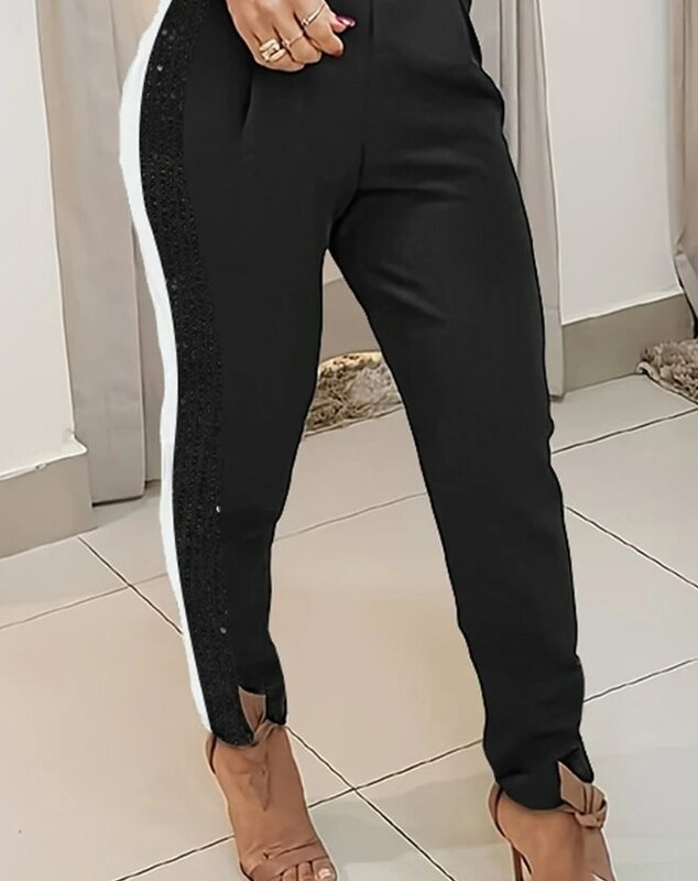 Gaun Jumpsuit perca warna kontras wanita, 2023 baru modis kasual Lengan 3/4 leher V payet ikat