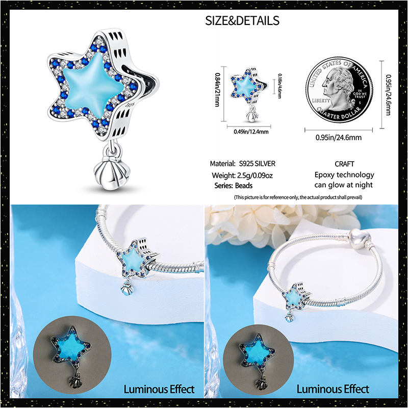 925 Sterling Silver bercahaya bintang kunang-kunang ikan biru manik-manik bandul cahaya cocok untuk gelang asli Pandora DIY membuat perhiasan