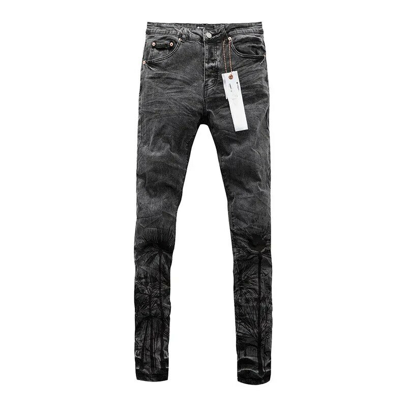 Celana Jeans merek ROCA ungu baru kualitas tinggi motif Pohon kelapa jalanan Amerika celana ramping dan bergaya hitam