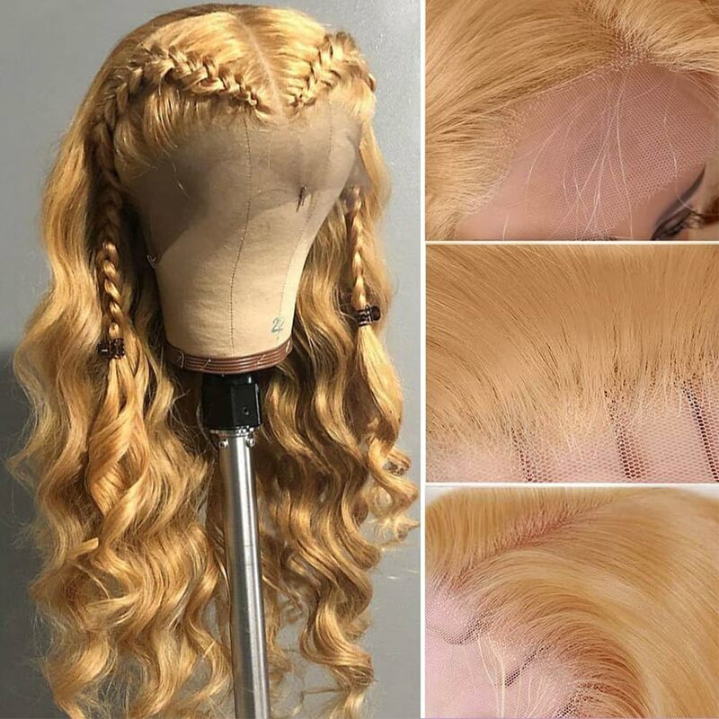 Rambut manusia ombak Pirang madu 13 × 4 HD Wig depan renda transparan #27 rambut manusia Brasil gelombang tubuh pirang dengan rambut bayi