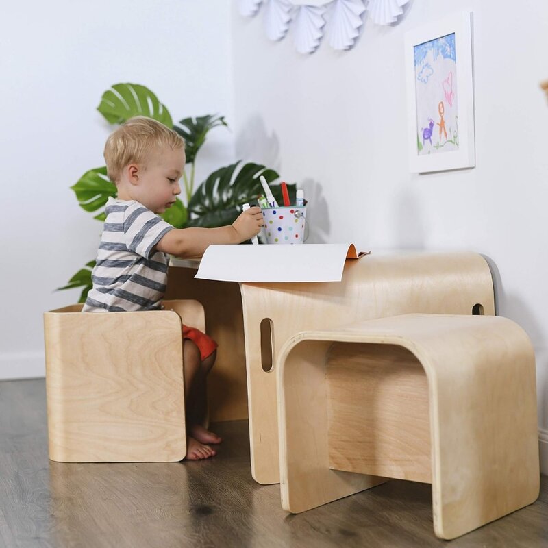 Mobili per bambini scrivania per bambini tavoli e Set per bambini Set tavolo e sedia multiuso in legno curvato naturale 3 pezzi Freight Free Child