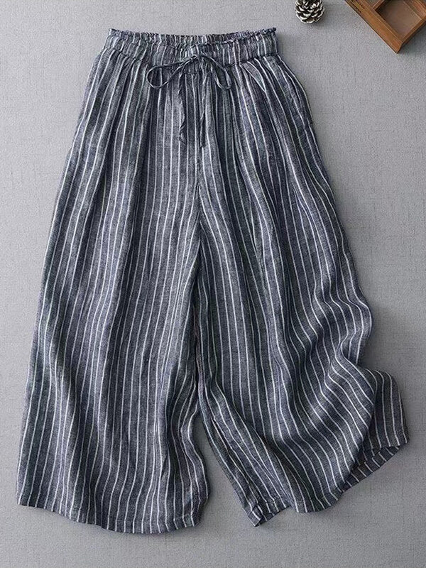 Vintage bawełniane lniane paski spodnie damskie z szerokimi nogawkami 2024 nowe letnie elastyczne w talii oddychające luźne proste spodnie pantalony