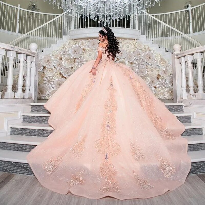Pink Princess Quinceanera abiti Ball Gown Off The Shoulder Appliques Sweet 16 Dresses 15 aecos Mexican