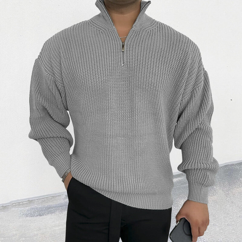 Suéter de punto de cuello alto con cremallera para hombre, suéter suelto de manga larga con cuello en V, Color sólido, moda de otoño e invierno, nuevo