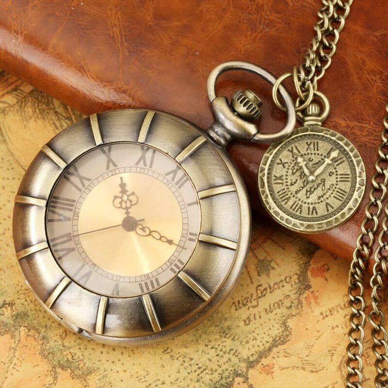 Esfera de cristal transparente de bronce con números romanos, reloj de bolsillo de cuarzo, collar antiguo, cadena colgante, regalos con accesorio