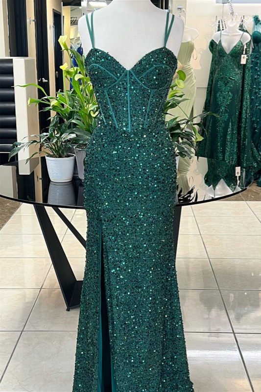 Shiyicey Green 2024 Sequin Satin Sleeveless High slit Floor-Length Spaghetti strap Formal Elegant Eveninig Wedding Party Dresses