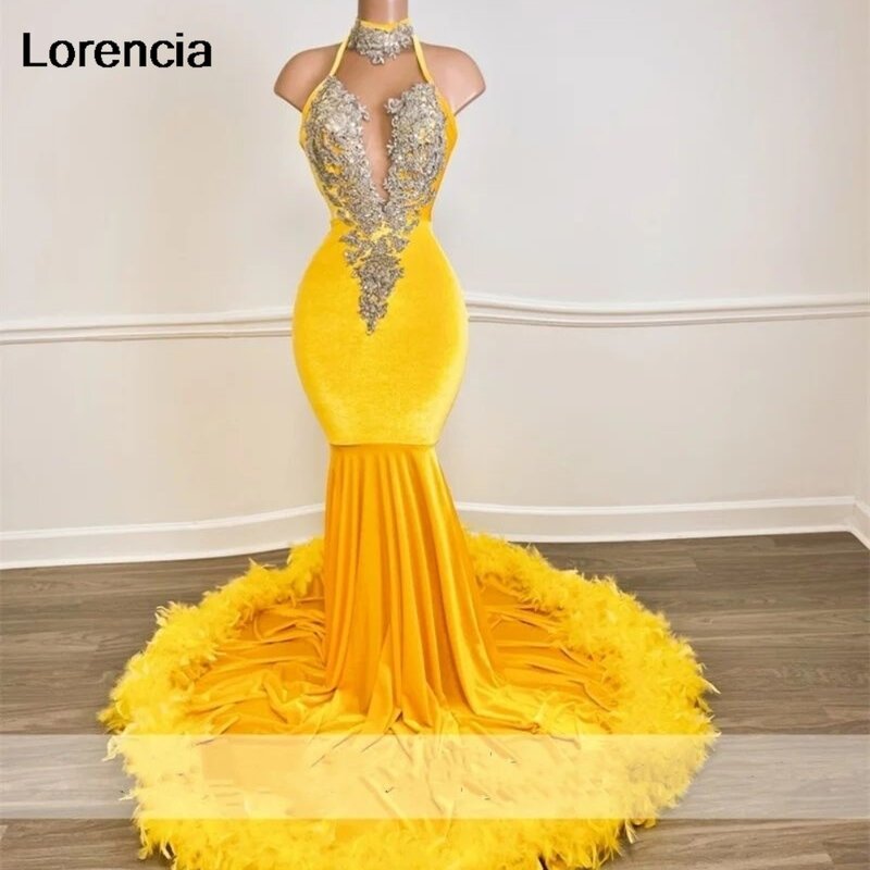 Gaun Prom putri duyung beludru kuning lorensia untuk Gadis hitam manik-manik kristal berlian imitasi bulu gaun pesta jubah gaun pesta