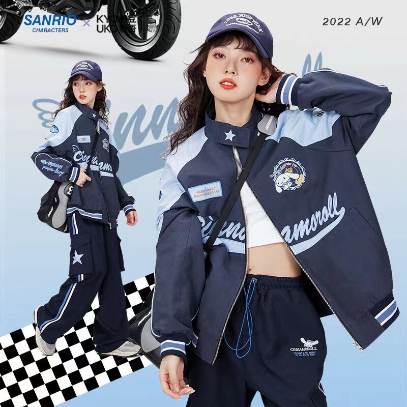 Jaqueta feminina solta quente Windproof Racer, Miniso Sanrio Y2k Cinnamoroll, Calças motociclista Kawaii, Perfuração dos desenhos animados, roupas casal