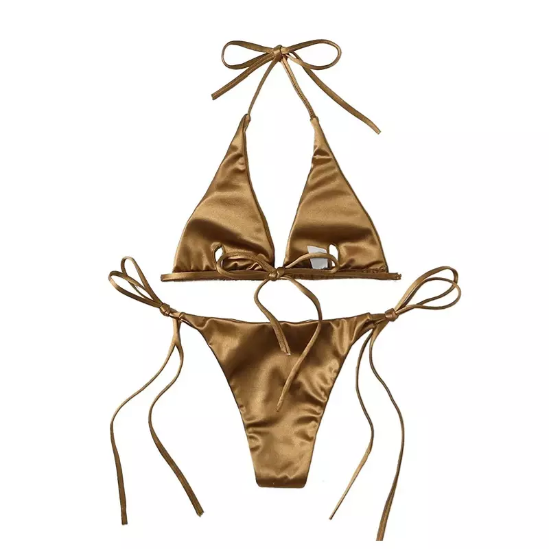Seksowny damski metaliczny stanik dwuczęściowy strój kąpielowy strona krawatowa trójkątne Bikini lato stały strój kąpielowy kostium kąpielowy Bikini Set