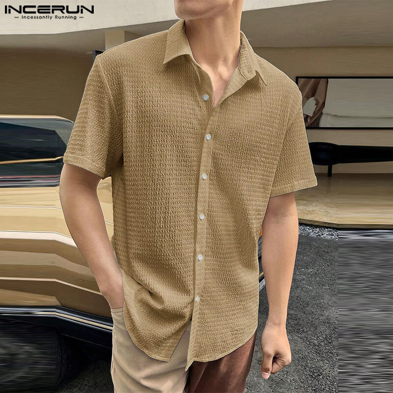 Incerun-メンズ半袖ボタン,韓国スタイルのラペルシャツ,無地,カジュアル,ファッションシャツ,ストリートウェア,2022
