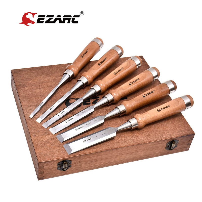 EZARC Set pahat kayu 6 buah untuk pekerjaan kayu baja CRV dengan pegangan kenari dalam kotak Premium kayu