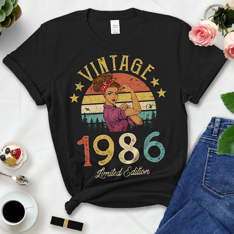 Футболка женская хлопковая в ретро стиле, винтажная Модная рубашка в классическом стиле, цвет черный, лимитированная серия, топ для дня рождения 38-летнего сезона 1986