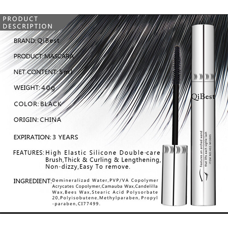 Qibest-rímel 3d impermeável para as mulheres, acessórios de maquiagem profissional, cor preta, para os olhos, curling, rimel, 5g