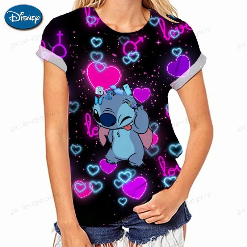 2023 Women's T-shirt O-neck Design Y2k Fashion Trend Summer Short Sleeve Sexy Neckline Disney Stitch Pattern Print Top