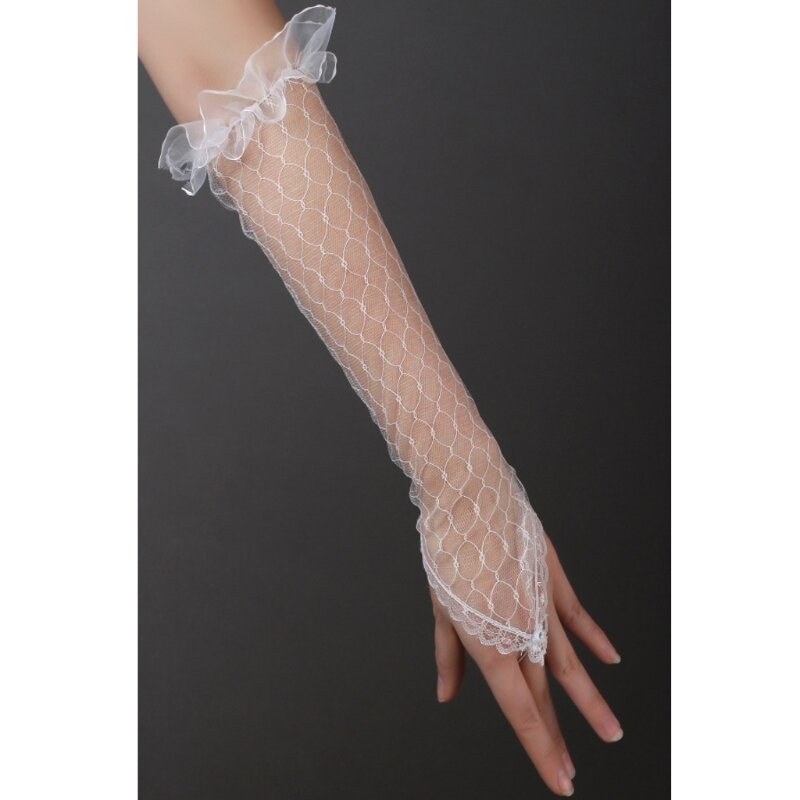 Женские кружевные сетчатые свадебные перчатки, длинные перчатки до локтя без пальцев, аксессуары для свадебной вечеринки, цвет белый