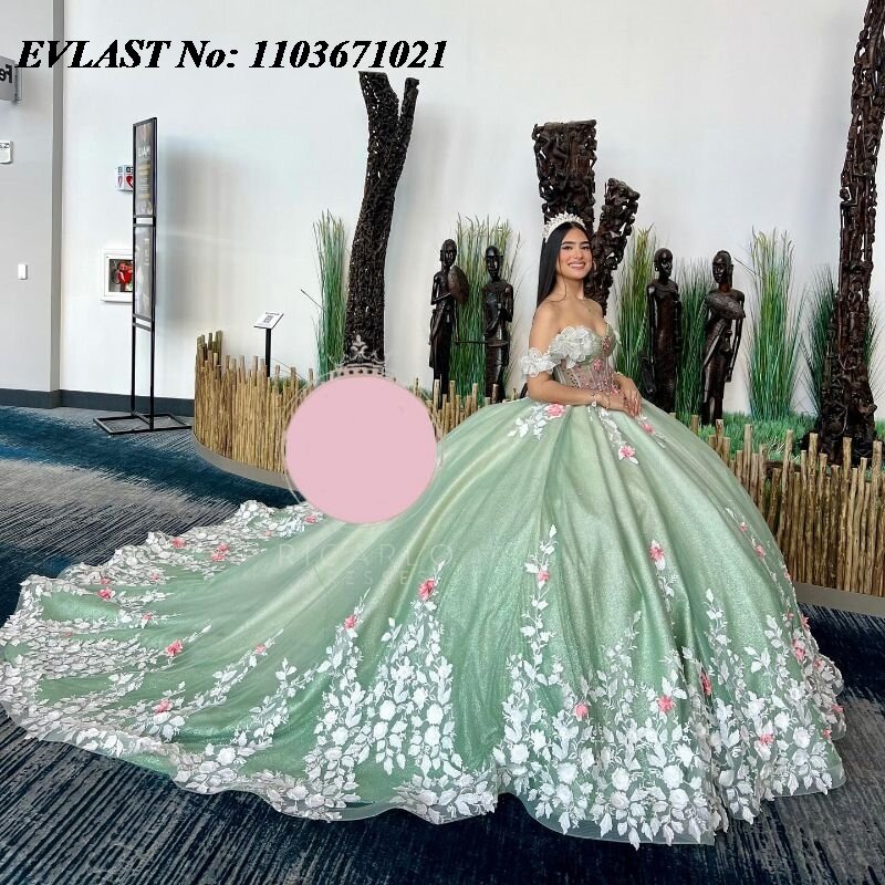 فستان EVLAST-Mexican Sage أخضر Quinceanera ، ثوب كرة ، حبات مزخرفة بزهور ثلاثية الأبعاد ، مشد وردي ، حلو 16 ، XV 15 ، 15 سنة ، SQ148